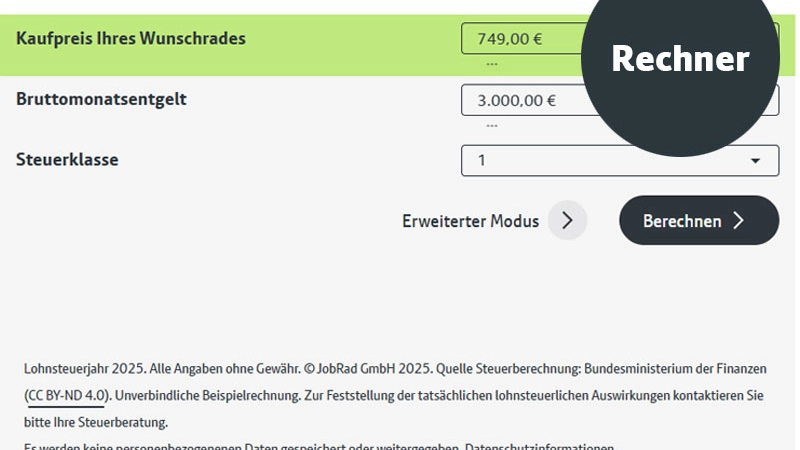 Screenshot des alten JobRad-Rechners. Störer mit Schrift "Rechner" Screenshot des alten JobRad-Rechners. Störer mit Schrift "Rechner"