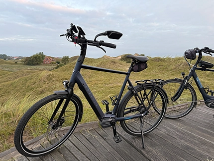 Fahrrad vor Dünen auf einem Steh stehend.